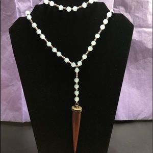 Quartz Bead Necklace with Wooden Horn Pendant